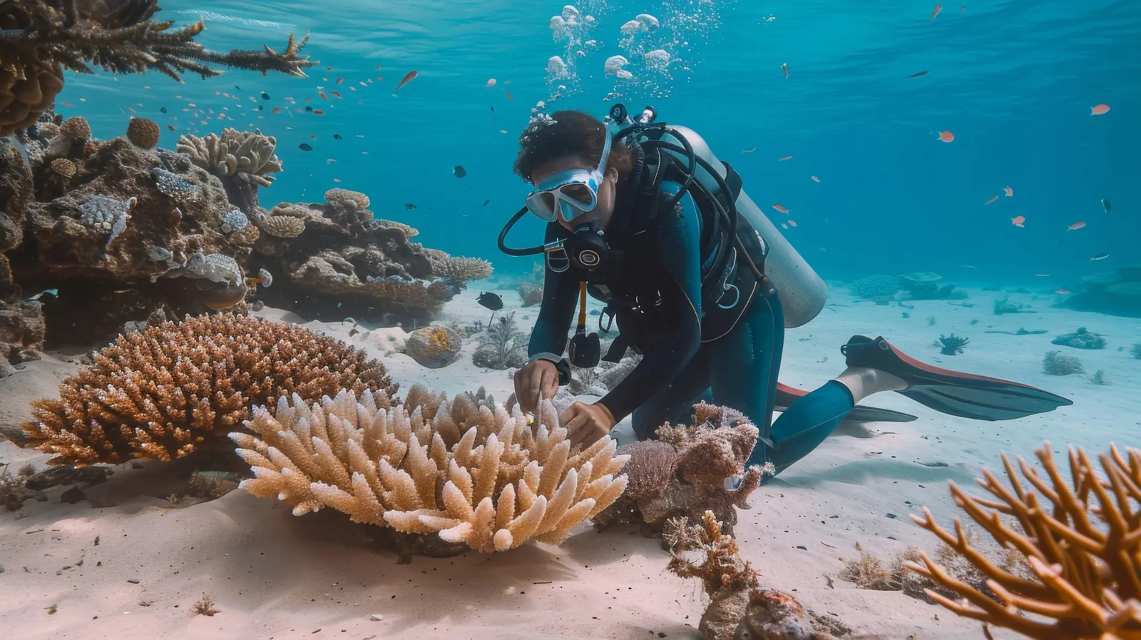 Plongeur près des coraux sur un fond de sable