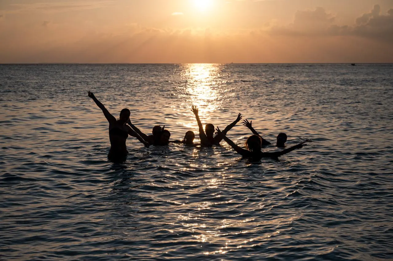 Groupe de plongeurs dans l’eau au coucher du soleil